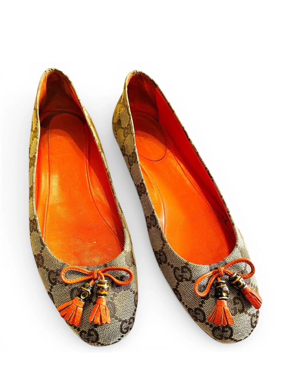 🛍️Gucci Authentic GG Canvas Ballet Flats with Orange Trim & Tassels Vintage 2015